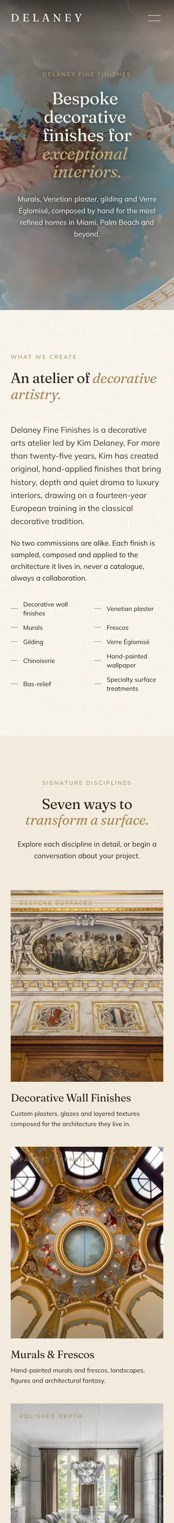 Delaney Fine Finishes website on iPhone, fine finishes page