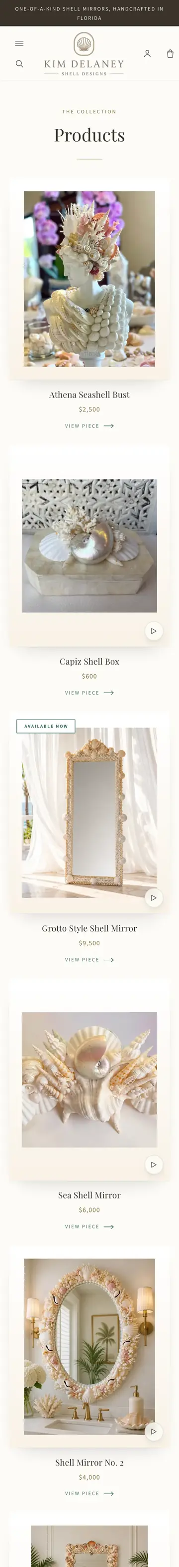 Kim Delaney Shell Designs website on iPhone, collection page