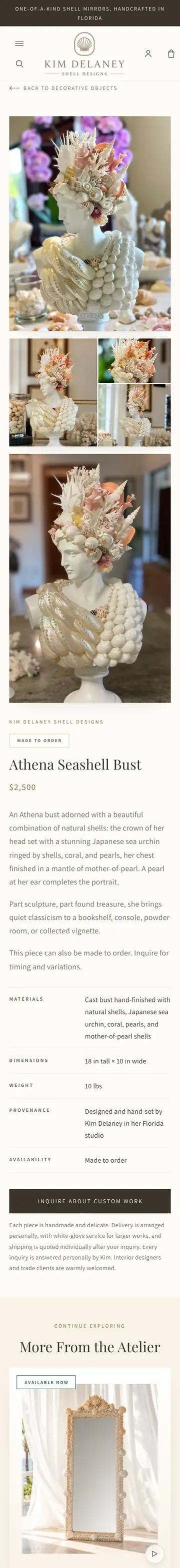 Kim Delaney Shell Designs website on iPhone, product page