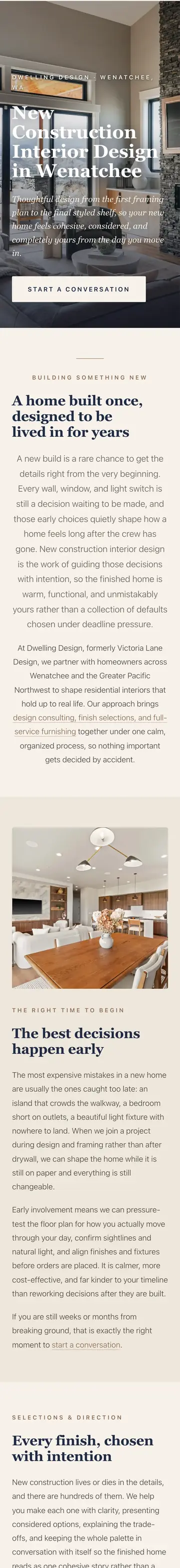 Dwelling Design Interiors website on iPhone, new construction page