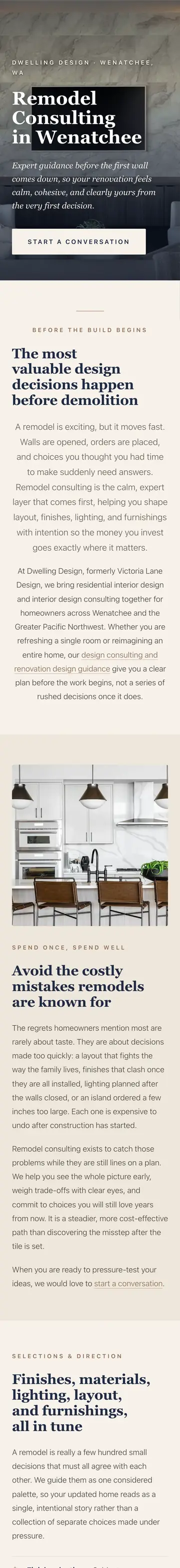 Dwelling Design Interiors website on iPhone, remodel consulting page