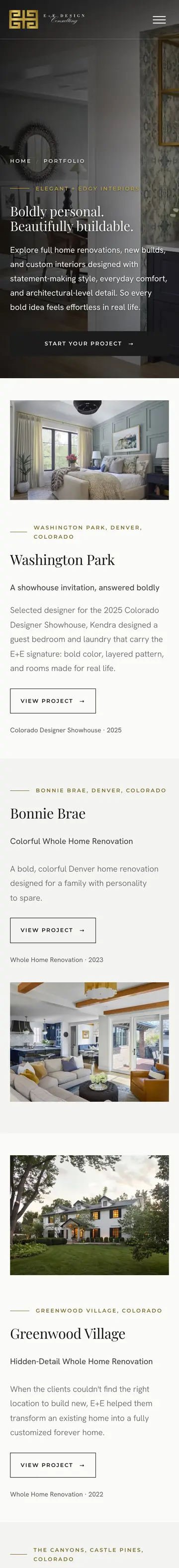E+E Design Co. website on iPhone, portfolio page