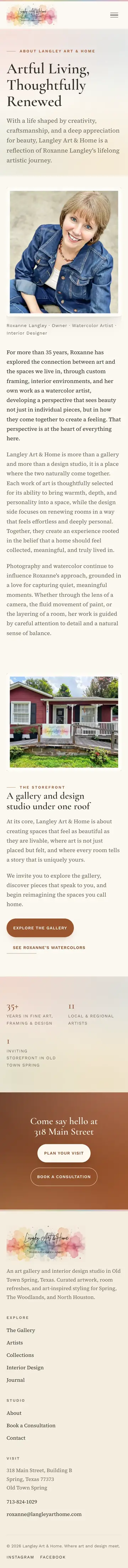Langley Art & Home website on iPhone, about page