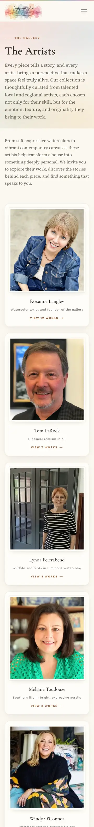 Langley Art & Home website on iPhone, artists page