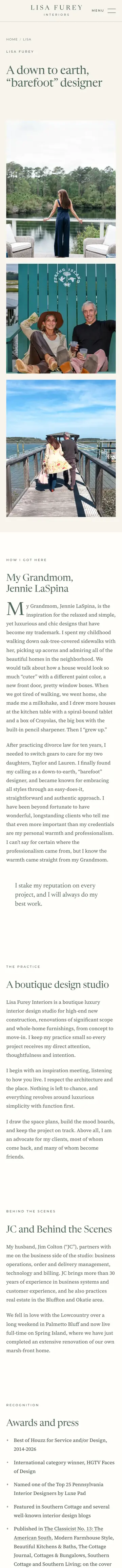 Lisa Furey Interiors website on iPhone, about page