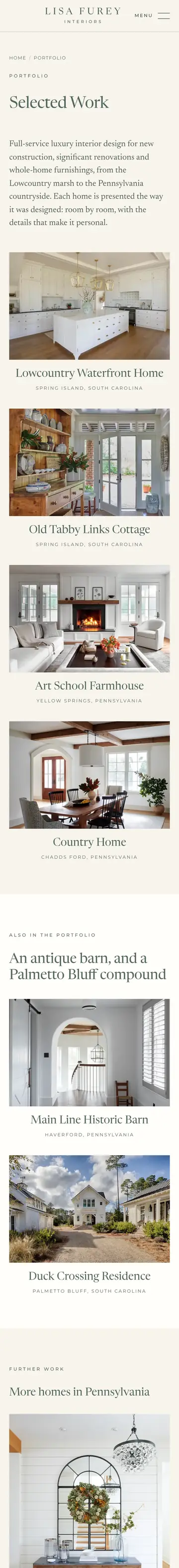 Lisa Furey Interiors website on iPhone, portfolio page