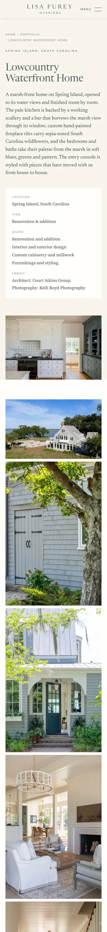 Lisa Furey Interiors website on iPhone, project page