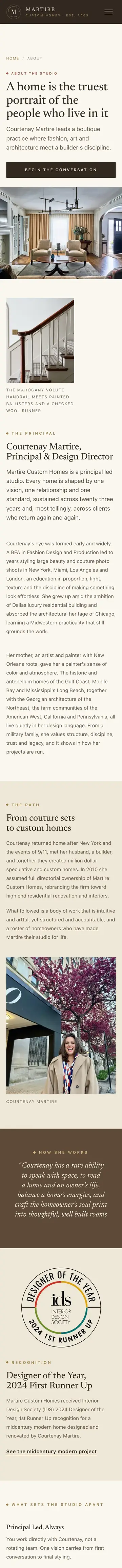 Martire Custom Homes website on iPhone, about page