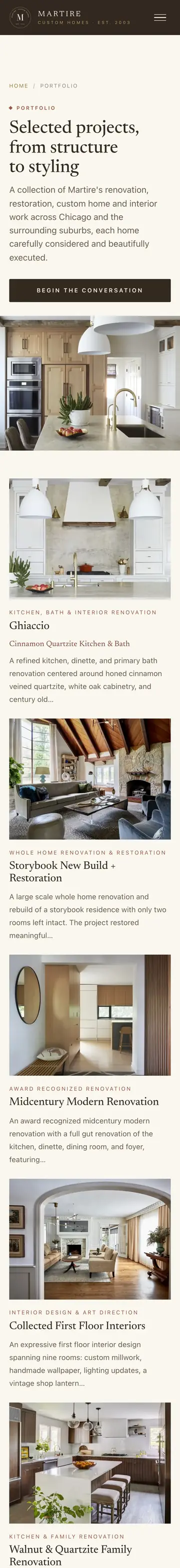 Martire Custom Homes website on iPhone, portfolio page
