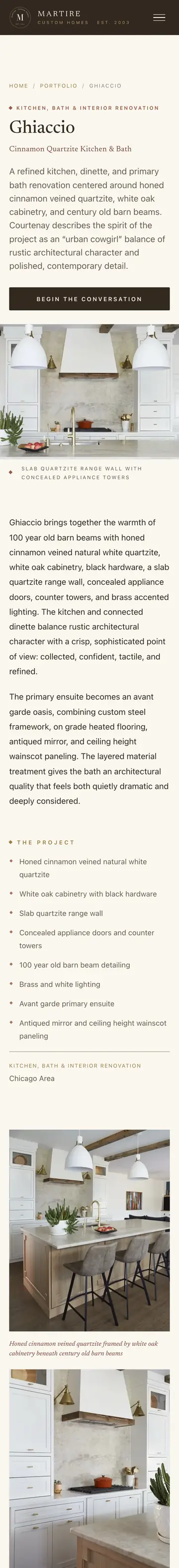 Martire Custom Homes website on iPhone, project page