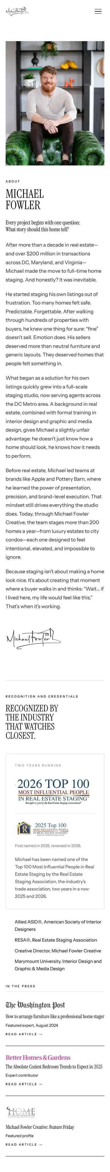 Michael Fowler Creative website on iPhone, about page